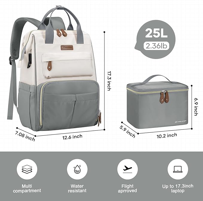 Maelstrom Travel Backpack for Women Men,Laptop Backpack Fits 15.6-17.3 Inch Laptop, Nurse/Work Bag with Insulated Lunch Box (Gray-beige)
