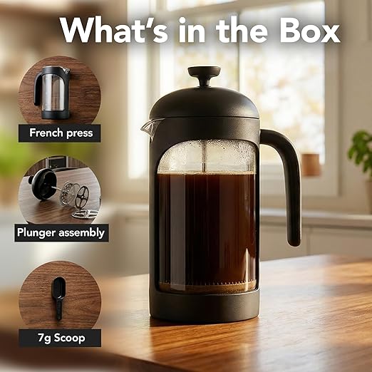 OVENTE French Press Coffee Maker 34 Ounce with Heat Resistant Borosilicate Glass & Stainless Steel 4-Level Filtration System, Portable Cold Brew Coffee Maker for Travel, Camping or Gift, Black FPB34B