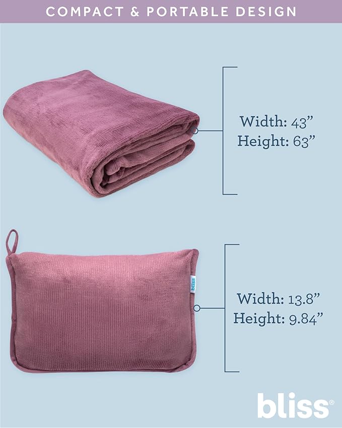 Bliss Faille Travel Pillow Blanket - 2-in-1 Lightweight Compact Airplane Camp Pillow and Blanket Set for Travelling, Size One Size, Mauve