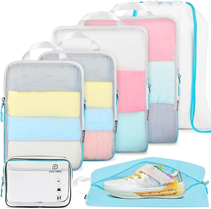 PFEYRPK Lightweight Compression Packing Cubes for Suitcases, Compressible Expandable Travel Packing Organizer with Clear Toiletries and Backpack Bag, Travel Essentials for Carry on Luggage 7 Set