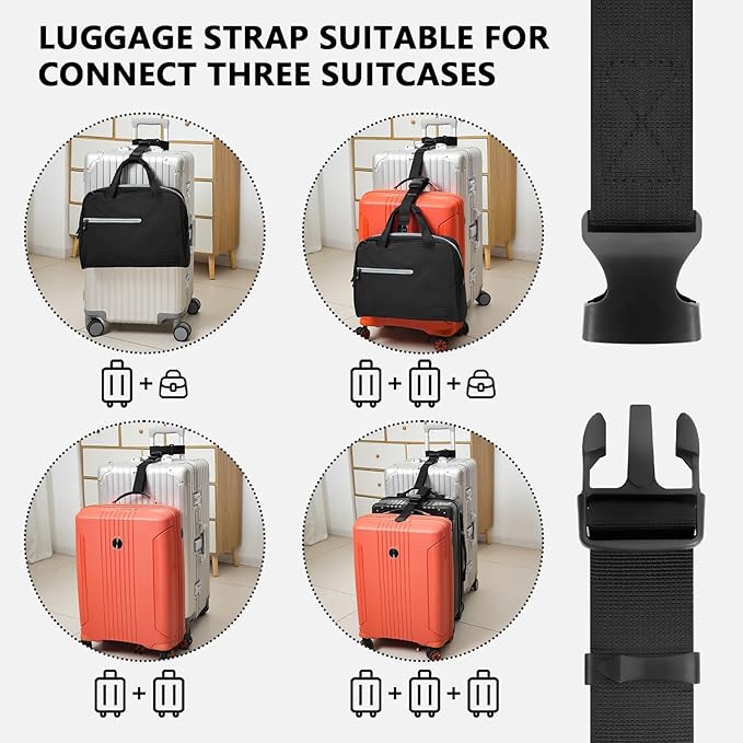 BILIONE Luggage Connector Straps, Suitcase Straps to Connect 3 Suitcases ＆ Add A Bag, Luggage Straps for Suitcases Adjustable Buckle Belt (Black, 2 Pack)