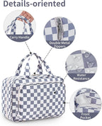 Narwey Travel Toiletry Bag for Women Large Hanging Makeup Bag Organizer Toiletries Bag for Full Size Essentials Accessories Cosmetics (Grayish Blue Checkerboard (Large))