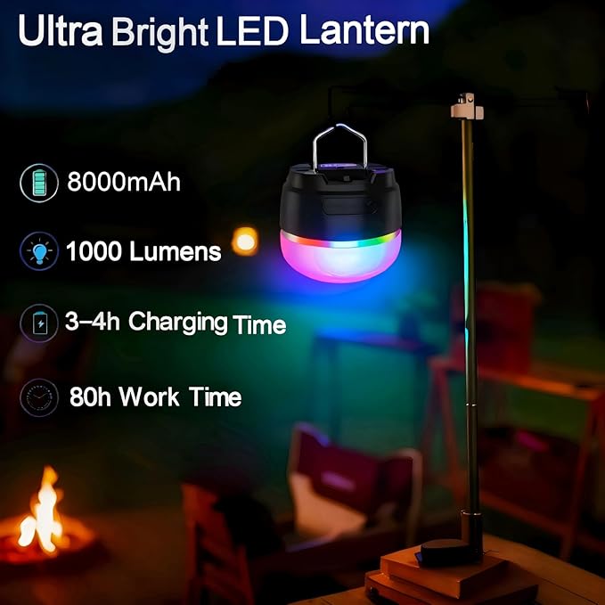 LED Camping Lantern, 8000mAh Rechargeable Camping Tent Light with 13 Light Modes, 6 Brightness Adjustable Tent Lamp, IP44 Waterproof Emergency Hanging Light for Hurricane, Power Outages