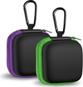 2Pack Square Earbud Case Portable EVA Carrying Case Storage Bag Cell Phone Accessories Organizer with Carabiner for Earphone, Earbud, Earpieces, SD Memory Card, Camera Chips-Purple/Green