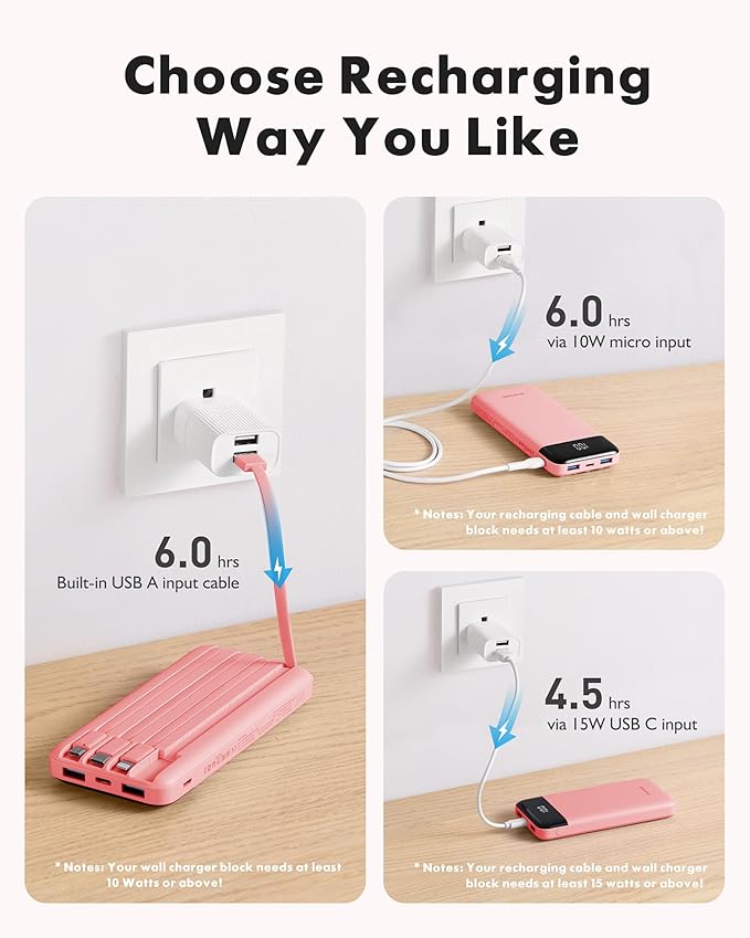 Charmast Portable Charger with Built in Cables, Power Bank with Cords Wires, Slim 10000mAh Travel Battery Pack 6 Outputs 3 Inputs 3A Fast Charging for Samsung Google Pixel LG Moto iPhone iPad