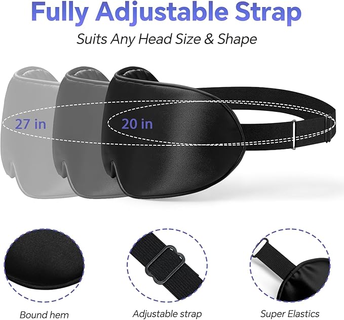 Sleep Eye Mask for Men Women, Silk Sleep Mask for Side Sleeper, Travel Blackout Night Blindfold Eye Shade Cover with Adjustable Strap (Black & Pink)