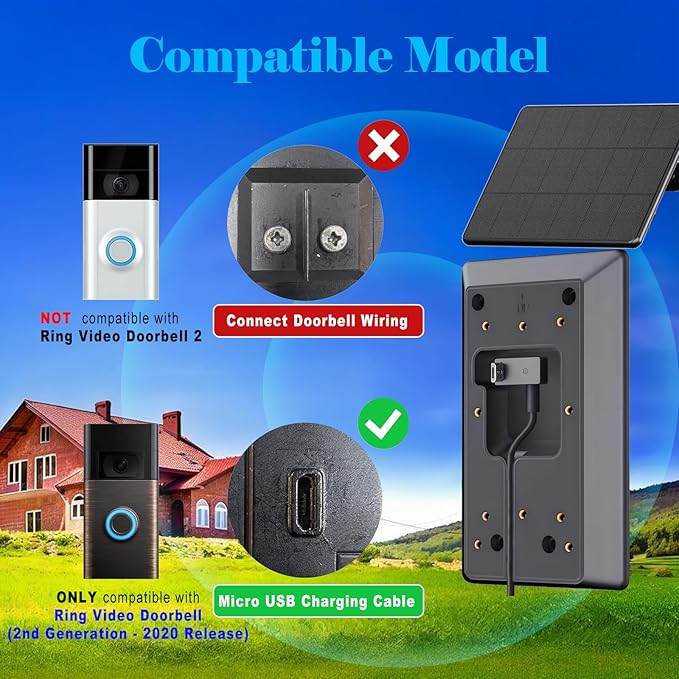 6W Solar Charger Compatible with Ring Video Doorbell (2020 Release), Micro USB Port Only, Not Compatible with the 2025 Type-C Interface doorbell