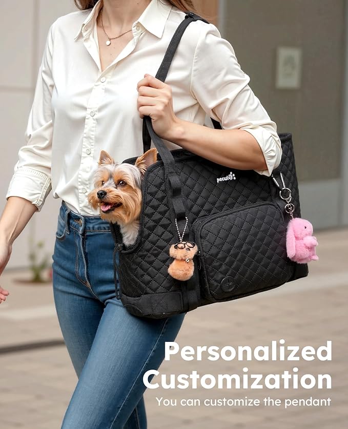 Pecute Dog Purse Carrier, Dog Carrier with Pockets for Small Dogs, Fits Dogs 5 lbs to 9 lbs, Cat and Puppies Tote Bag, Outing, Travel, Vet, Black