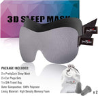 PrettyCare 3D Sleep Mask 2 Pack,Eye Mask for Side Sleeper -3D Contoured Sleeping Mask Blackout Out for Men Women - Zero Eye Pressure Blindfold with Ear Plugs, Night Masks with Travel Bag (Black＆Grey)