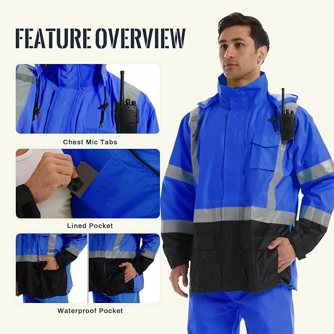 SKSAFETY Hi Vis Safety Rain Jacket for Men, Construction Work Rain Gear Heavy Duty Class 3 Rain Coat Waterproof Lightweight
