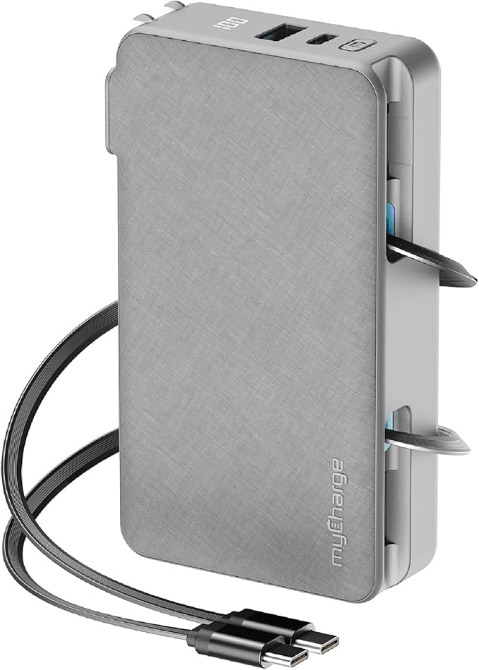myCharge RetractaCharger 10000mAh Portable Charger Power Bank with 28-Inch Retractable 2 USB-C Cable | Built-in Wall Plug | 30W PD Fast Charging | USB-C & A Ports | Digital Display | Grey