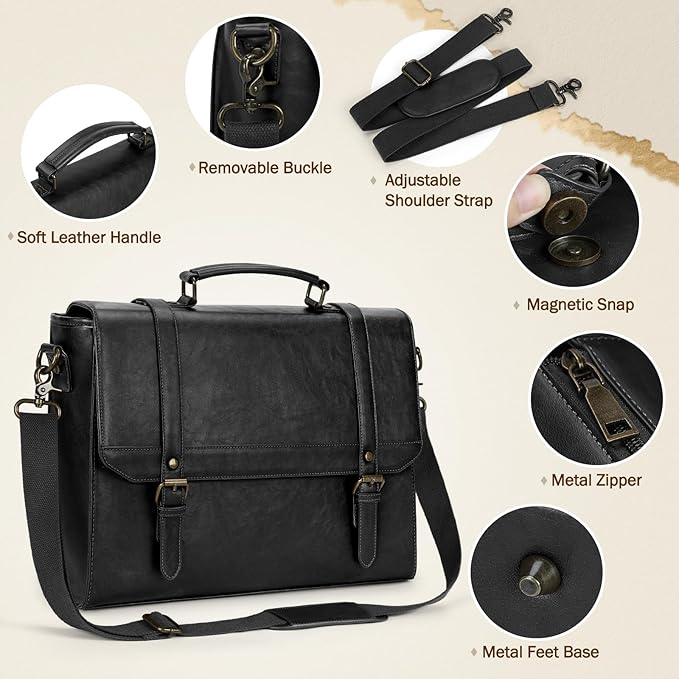 IGOLUMON Messenger Bag for Men 15.6 inch Vintage Leather Waterproof Laptop Briefcase for Men Large Computer Laptop Bag Leather Satchel Bag Retro Shoulder Bag for Office Business Travel College, Black