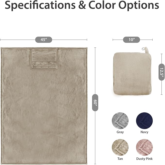 DEZ FURNISHINGS 4-in-1 Travel Compact Blanket Pillow Super Soft Velvet with Luggage Sleeve and Backpack Clip, Tan, 60" W x 45" H