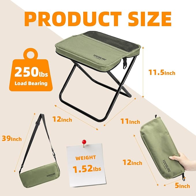 Portable Folding Camp Stool with 2 Side Pockets, Lightweight Foldable Camping Stool for Adults, Backpacking Travel Fishing Stool, Compact Folding Seat Collapsible Purse Chair (Green)