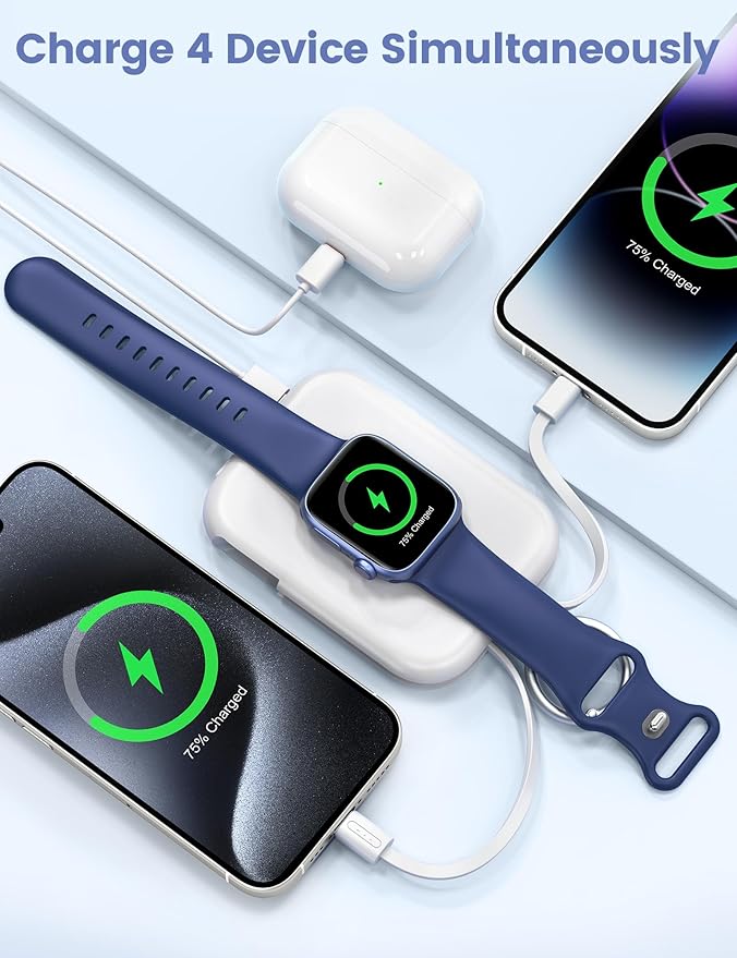 RORRY CharmGo Portable Charger, 5000mAh Portable Charger Power Bank with Built-in Cables, Travel Keychain Battery Pack for Apple Watch and iPhone Air/17/16/15/14/13/12, White