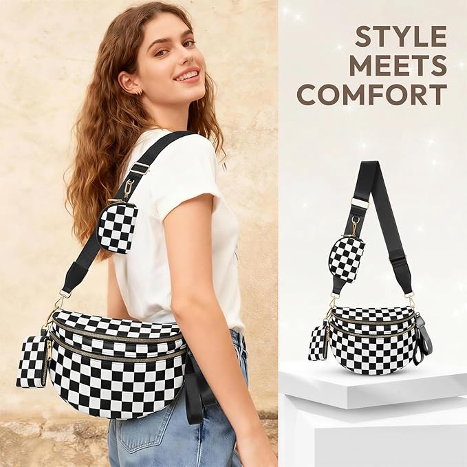 Cross Body Bag for Women Checkered Crossbody Bags Bum Bags for Women Fanny Packs for Girls Small Nylon Checkered Purse Trendy Shoulder Bag (RS-YB-Checkered Black White, One Size)