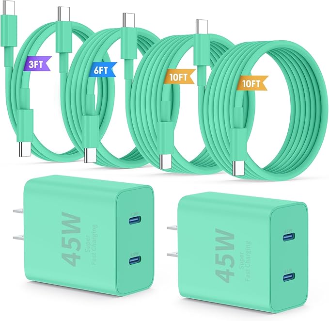 QZIIW iPhone 16 15 Pro Max Charger Fast Charging,45W Dual Port USB C Fast Charger Block [2-Pack] & Extra Long 60W 3/6/10/10FT USB C Cable - PD Quick Adapter 3.0 for iPhone 16 15/16 15Pro/16 15 Plus.