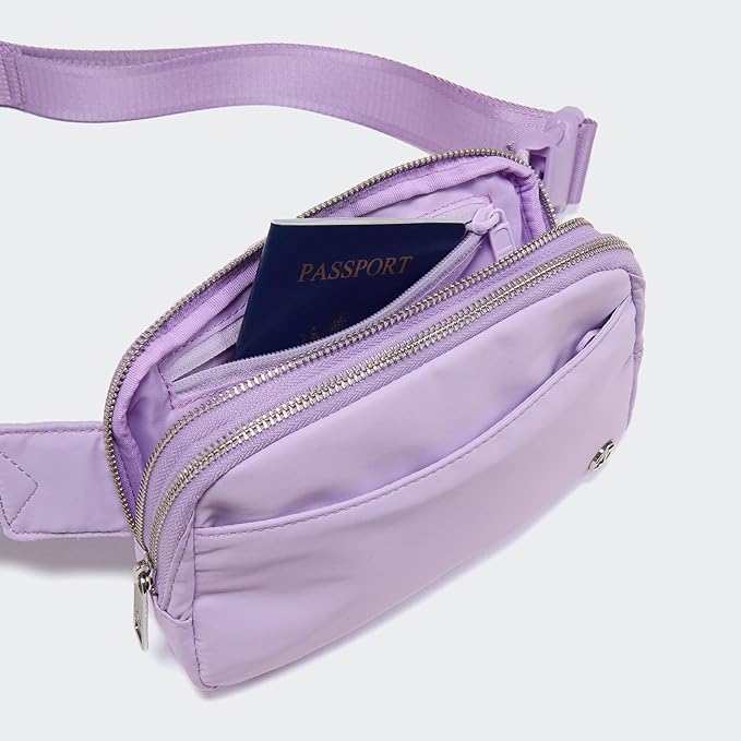 Pander Everywhere Belt Bag for Women, 5 Zipper Pockets Nylon Crossbody Fanny Pack Purse (Lilac Purple).