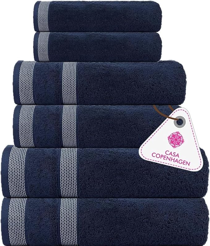 CASA COPENHAGEN Solitaire 6Pcs 100% Egyptian Cotton Large Designer Towels Gift Set- Blue, 600GSM, 2Bath 2Hand 2Washcloths, Bath Towels for Bathroom Set for Women & Men