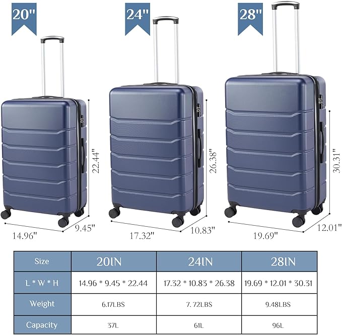 OLIXIS 3-Piece Luggage Set, Carry On Suitcases with Spinner Wheels, Expandable Travel Luggage with TSA Approved Lock & ABS Hard Shell, Blue, 20/24/28 Inch