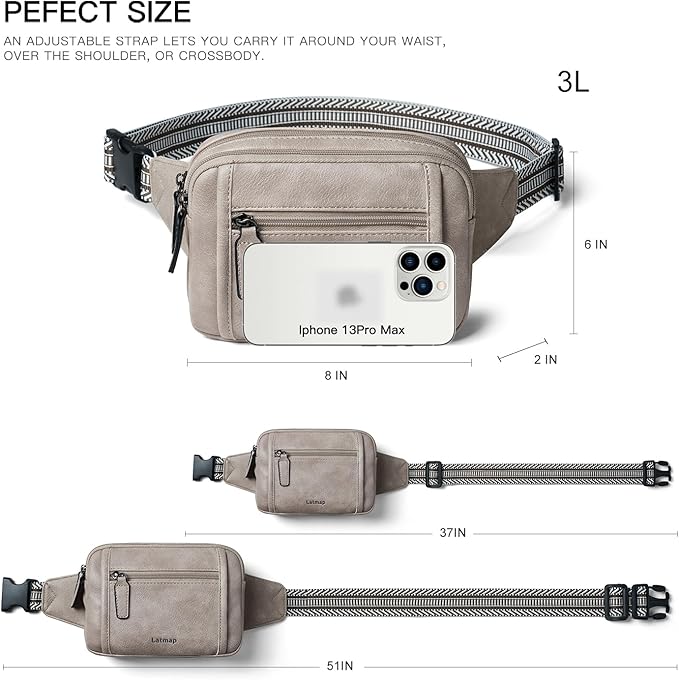 LATMAP 3L TRIPLE ZIP Fanny Packs Belt Bag For Women Men Crossbody Waist Pack Sling Chest Bum Travel Bag Purse Faux Leather Fashion Cute Grey