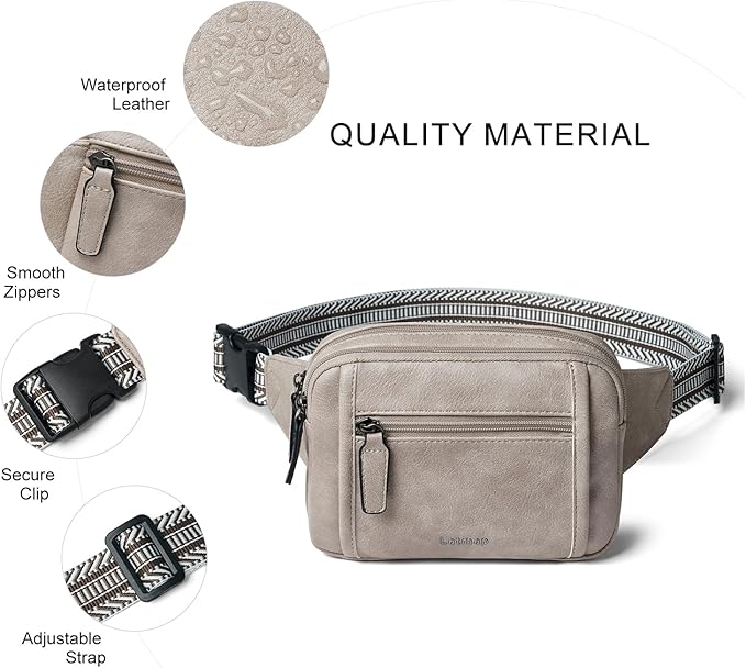 LATMAP 3L TRIPLE ZIP Fanny Packs Belt Bag For Women Men Crossbody Waist Pack Sling Chest Bum Travel Bag Purse Faux Leather Fashion Cute Grey