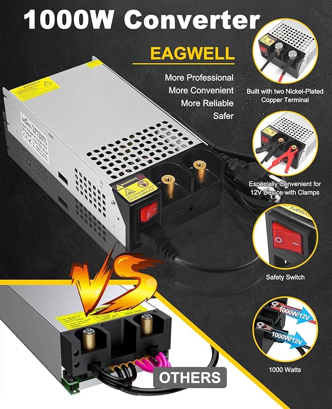 EAGWELL 12V Power Supply 1000W, Universal SMPS 120V AC to 12V DC Converter Switching Power Supply DC Transformer Driver Adapter for Diesel Heater, RV,Pump, LCD Monitor