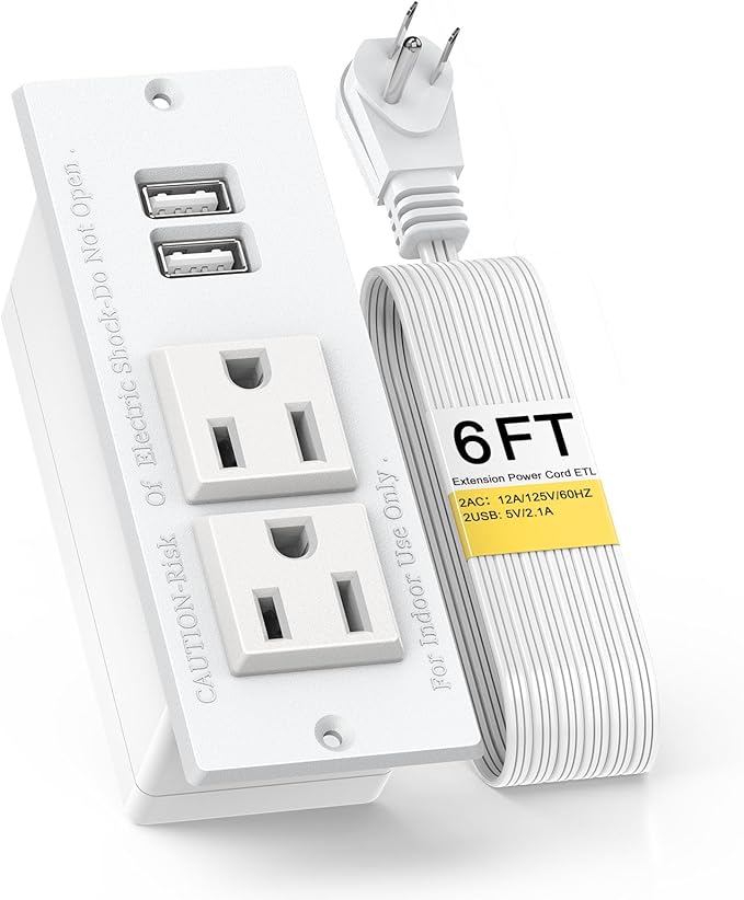 Recessed Outlet Desk Outlets with USB Ports Recessed Power Strip with 2-Socket 2-USB Charging Ports Desktop Power Grommet Charging Station with 6FT Extension Power Cord,Flat Plug