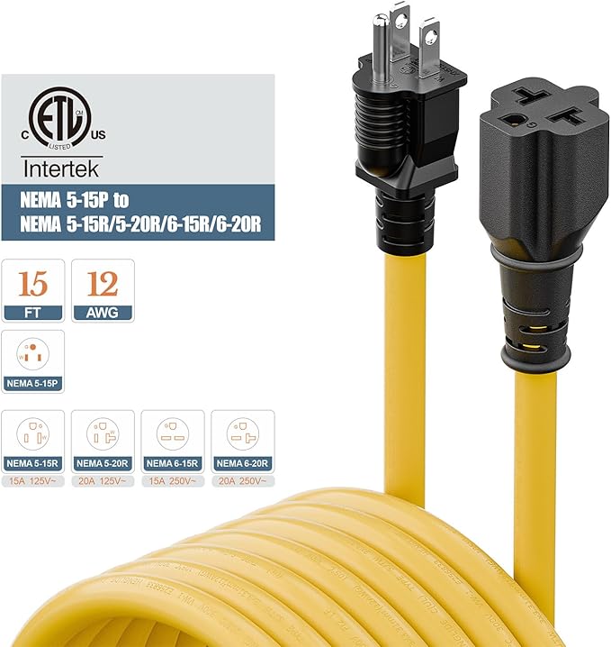 4 in1 NEMA 5-15P Extension Cord, Winxus 15FT NEMA 5-15P to 5-15R, 5-20R, 6-15R, 6-20R Adapter Cord, 15A to 20A AC Adapter Cable, 15Feet 3 Prong Extension Cords
