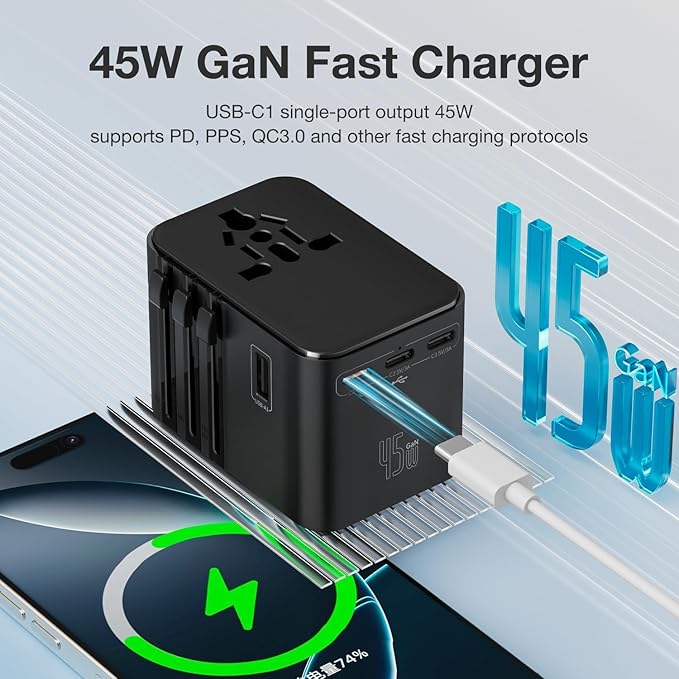 45W Universal Travel Adapter – Compact Plug with 3 USB-C & 2 USB-A Ports for EU/UK/US/AU, International Power Adapter Worldwide Charger, CE/FCC/RoHS Certified (White New)