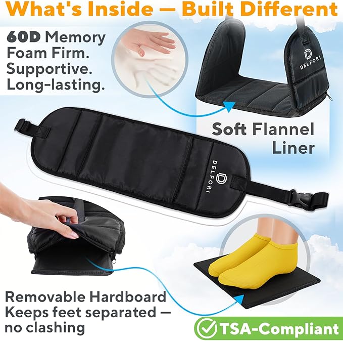 Portable Airplane Footrest for Airplane Travel - Comfortable Foot Hammock w/Memory Foam & Hardboard for No Feet Clashing - Ideal for Pain and Swelling Relief - Travel Essentials to Relax Your Feet