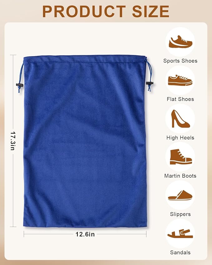 FantasyLife Shoe Bags for Travel, Washable Dust Bags for Storage & Packing, Flannel Shoe Pouch with Drawstring Closure for Purses, Handbags, Shoes & Toys (4, Palace Blue, 17.3"x12.6")