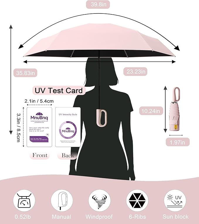 Mini Travel Umbrella with Carabiner Handle UPF 50+ Sun & Rain Protection Portable Manual Open Close Windproof Umbrella Small Compact Portable Parasol for Commuter Kids Women Men