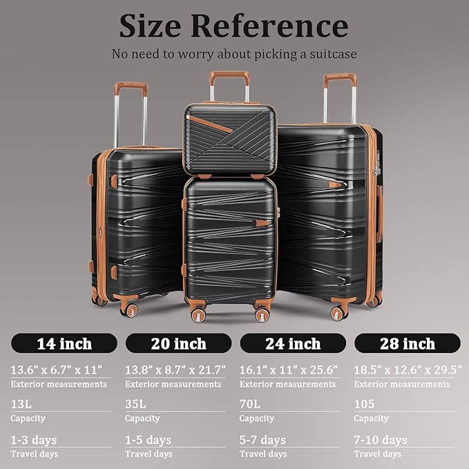 4 Piece Luggage Set, Hardside Expandable Lightweight Suitcase with 360° Mute Spinner Wheels Luggage Sets, TSA Lock, 14/20/24/28 Inch Travel Luggage for Men, Women and Girls (Black 3)