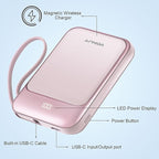 Magnetic Power Bank 10000mAh, Wireless Portable Charger with 15W Max Fast Charging & Built-in USB-C Cable, 22.5W PD LED Display Battery Pack Compatible with iPhone 17/16/15, Samsung Galaxy(pink)