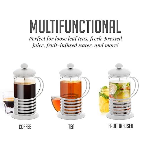 OVENTE French Press Coffee Maker 20 Ounce with Heat Resistant Borosilicate Glass, Stainless Steel Design and 4-Level Filter System, Portable Cold Brewer Pot for Travel, Camping or Gift, Silver FSH20S