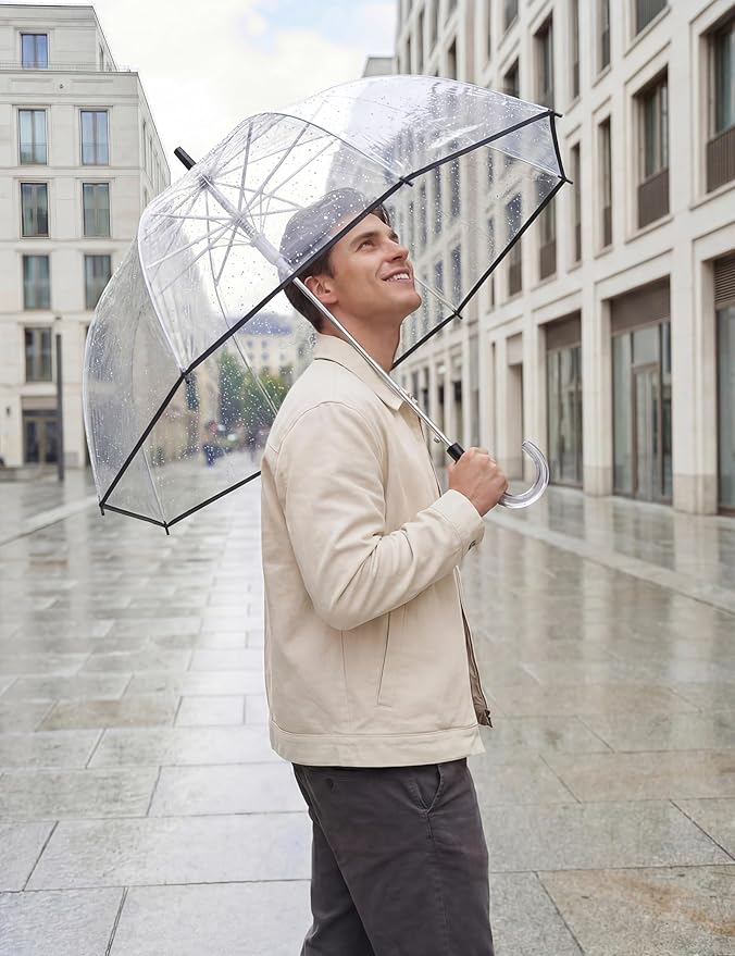 G4Free 52 inch Clear Bubble Umbrella, Large Canopy Transparent Dome Coverage Stick Umbrella, J Hook Handle European Style for Weddings,Prom,Graduation and Outdoor Events
