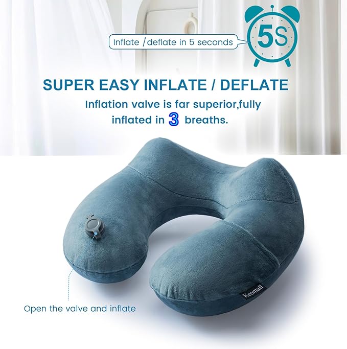 Keemall Inflatable Travel Neck Pillow for Airplane Sleeping Blow Up Neck Support Air Pillow Traveling on Plane Long Flights Washable