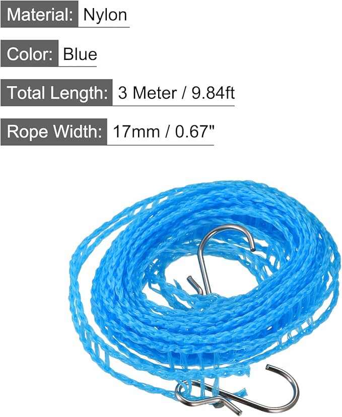 uxcell Portable Clothesline, 9.84ft Nylon Windproof Non-Slip Washing Line Rope for Courtyard Outdoor Travel Camping Laundry Drying, Blue