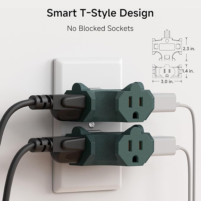 [ETL Listed] Cable Matters 3-Pack 3 Way Plug Adapter 15A 1875W, 3 Prong 3 Outlet Adapter, Power Splitter Plug Outlet, 3 Way Electrical Splitter, Green