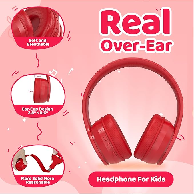 MIDOLA Kids Headphones Bluetooth 5.3 Wireless 60H Play Time Volume Limit 85/110dB Over Ear Foldable Protection Headset/Wired AUX Cord Mic for Children Boy Girl Travel School Phone Pad Tablet Red