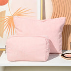 SOIDRAM 2 Pieces Makeup Bag Large Corduroy Cosmetic Bag Capacity Canvas Mix Travel Toiletry Bag Organizer Cute Makeup Brushes Aesthetic Accessories Storage Bag for Women, Corduroy Mix Pink