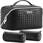BOYATU Travel Makeup Bags for Women: 3 Pcs Large Make up Bags Set - Vegan Leather Cosmetic Bag for Traveling - Waterproof Toiletry Organizer (L05 Black)