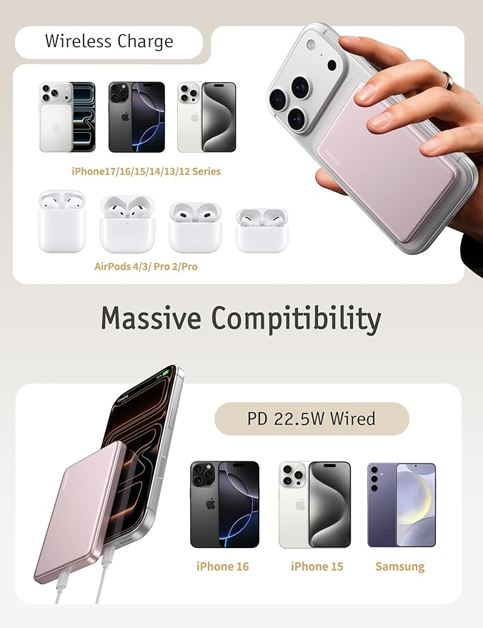 RORRY for Magsafe Portable Charger, 10000mAh Ultra Slim Magnetic Power Bank, 22.5W Fast Charging Wireless Portable Charger, USB C Battery Pack for iPhone 17/16/15/14/13/12 Plus Pro Max, Pink