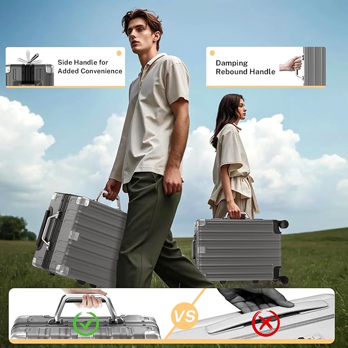 Krute Zipperless Luggage Set 2 Pieces Aluminum Frame Suitcase Sets Polycarbonate Hard Shell Luggage TSA Lock Checked Suitcase with Spinner Wheels Gray
