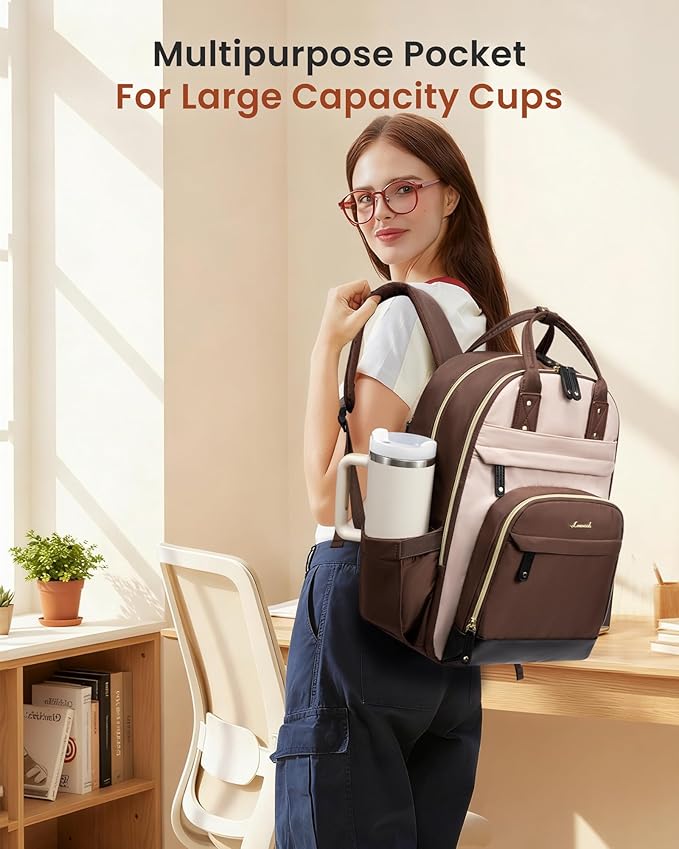 LOVEVOOK Laptop Backpack Women with Giant Cup Holder,15.6 inch Waterproof Work Travel Backpack Computer Laptop Bag,Cute College Nurse Teacher Backpack Purse,Gift for Women & Men,Coffee-Milk tea-Coffee