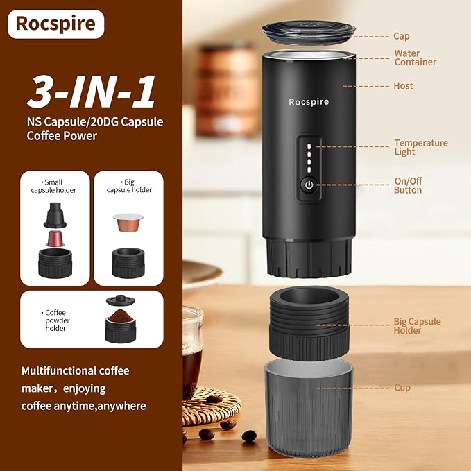 3-in-1 Portable Espresso Maker 20 Bar Self-Heating Stainless Steel Fits Ground Coffee & Nespresso Capsules USB-C Rechargeable for Camping Car Hiking Office