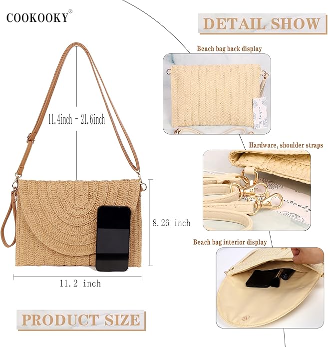 COOKOOKY Straw Clutch Handbag Summer Beach Straw Purse for Women woven Envelope Bag | Straw, Summer, Beach, woven, Straw, Summer