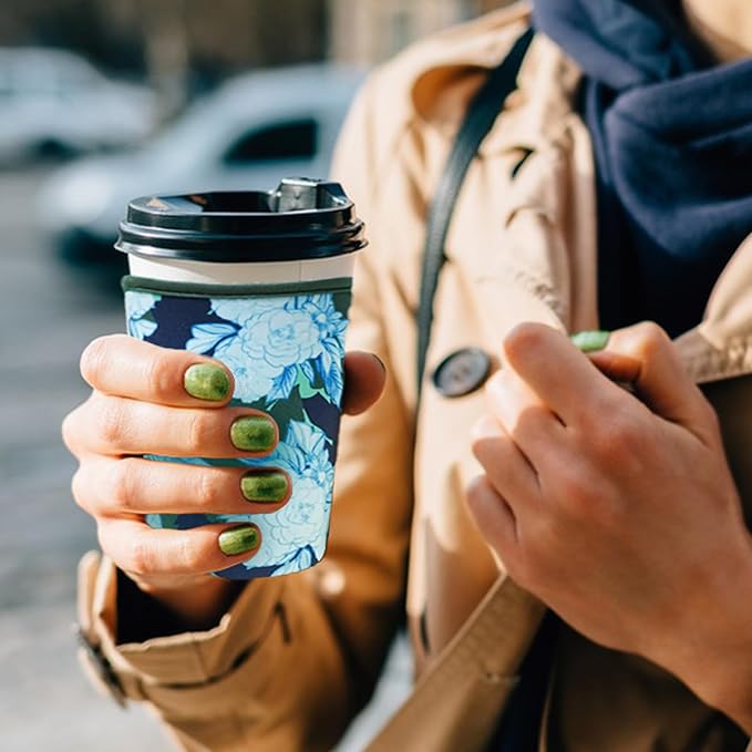 KJQJLY 3 Reusable Iced Coffee Sleeves for Iced Coffee Cups or Drinks Reusable Neoprene Insulated Sleeves for Hot and Cold Drinks from Starbucks, Dunkin, And More (Moonflower)