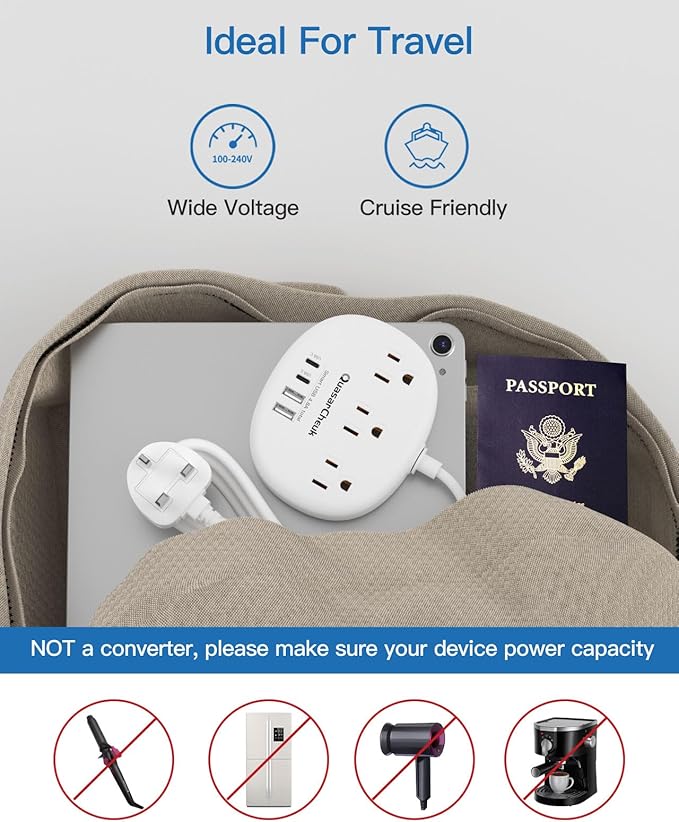 UK Ireland Travel Plug Adapter, US to UK Plug Adapter, Type G Travel Adapter with 3 Outlets 4 USB(2 USB C), 5FT Extension Cord, for US to Scotland London England British Irish Dubai Kenya Hong Kong